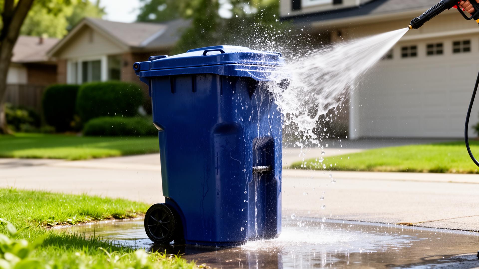 High-pressure spray cleaning a residential wheelie bin